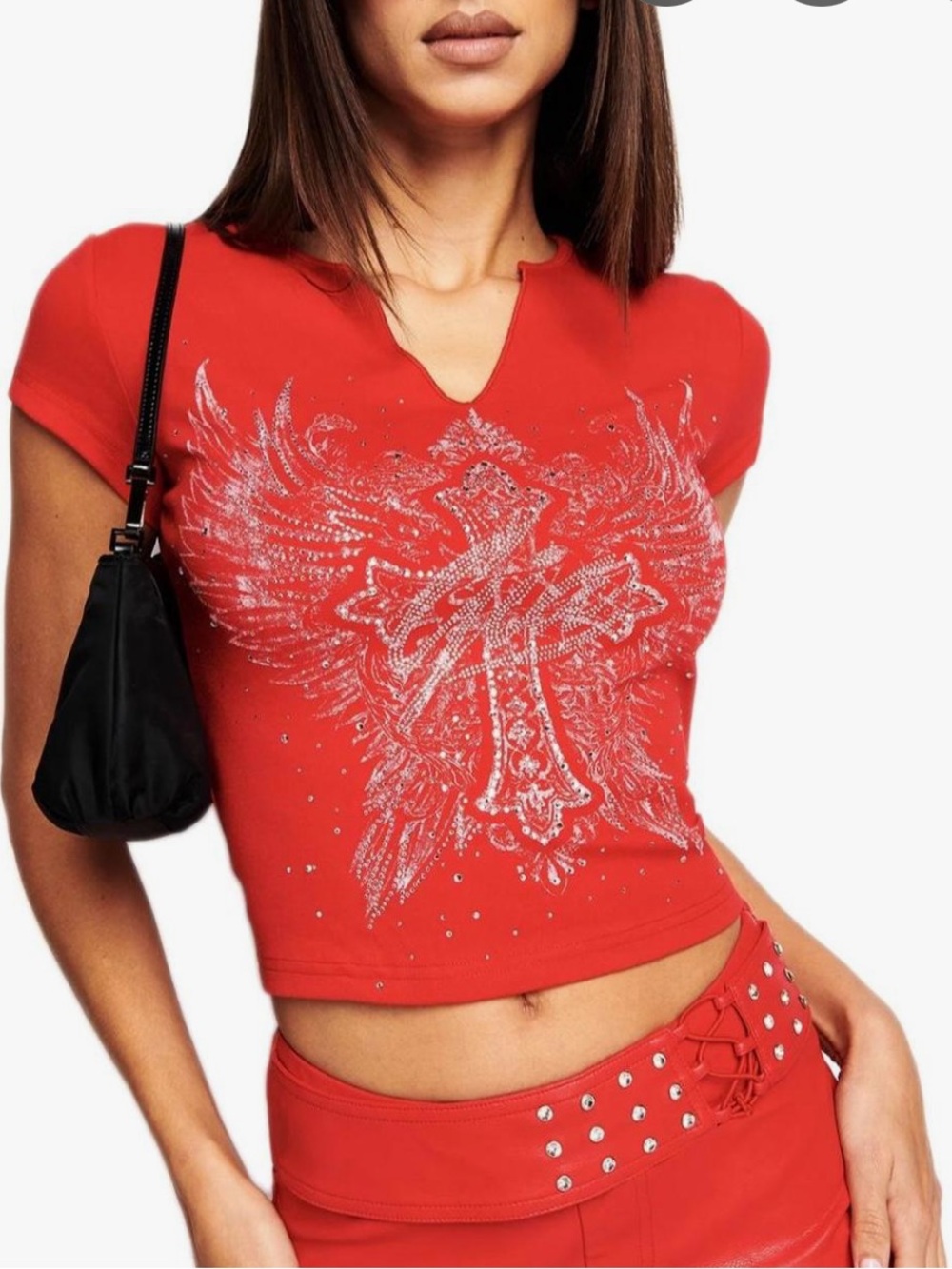 I.AM.GIA Red Rhinestone Wing Graphic Short Sleeve Top